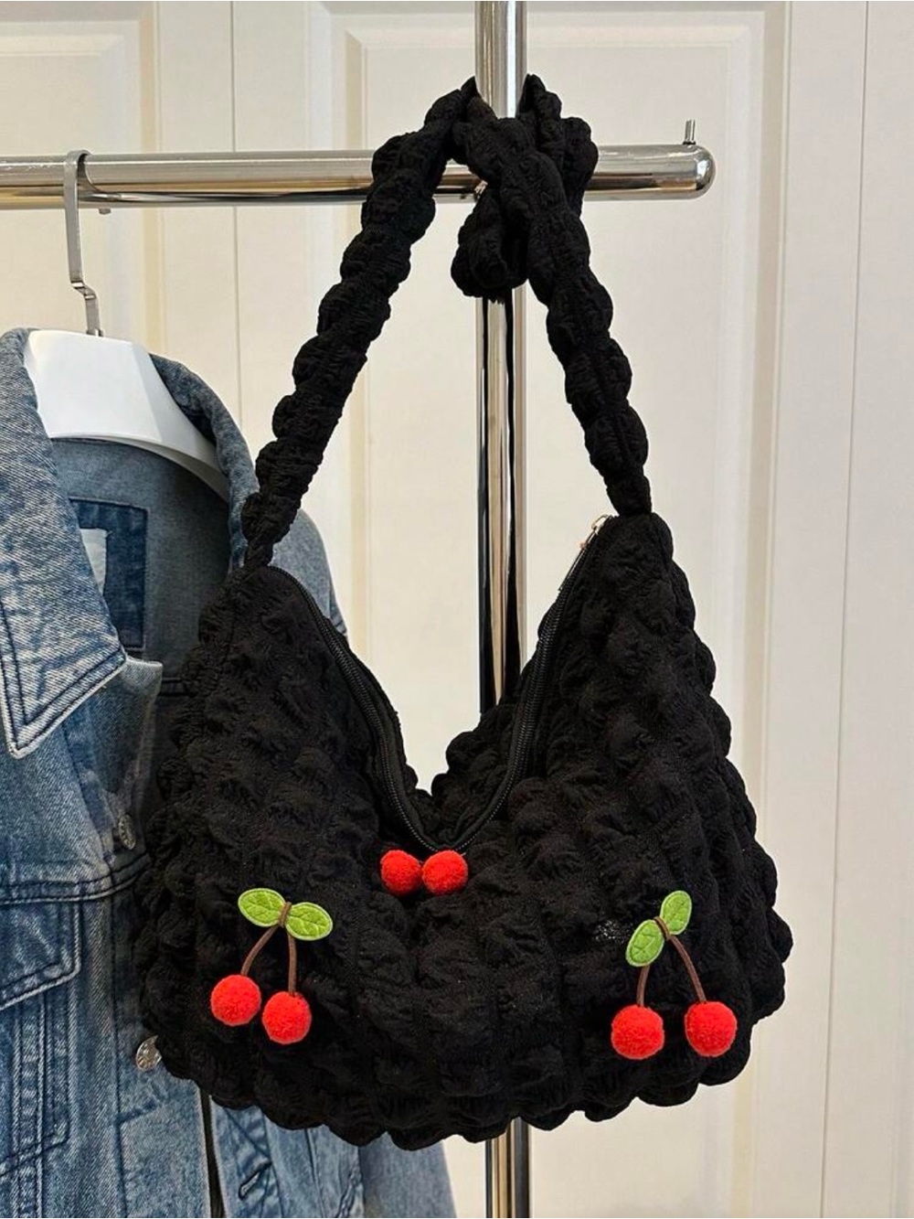 Quilted Black Shoulder Bag with Cherry Accents